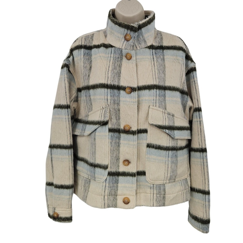 Bagatelle Collection Jacket Womens Medium Cream Blue Plaid Stand Collar Shacket